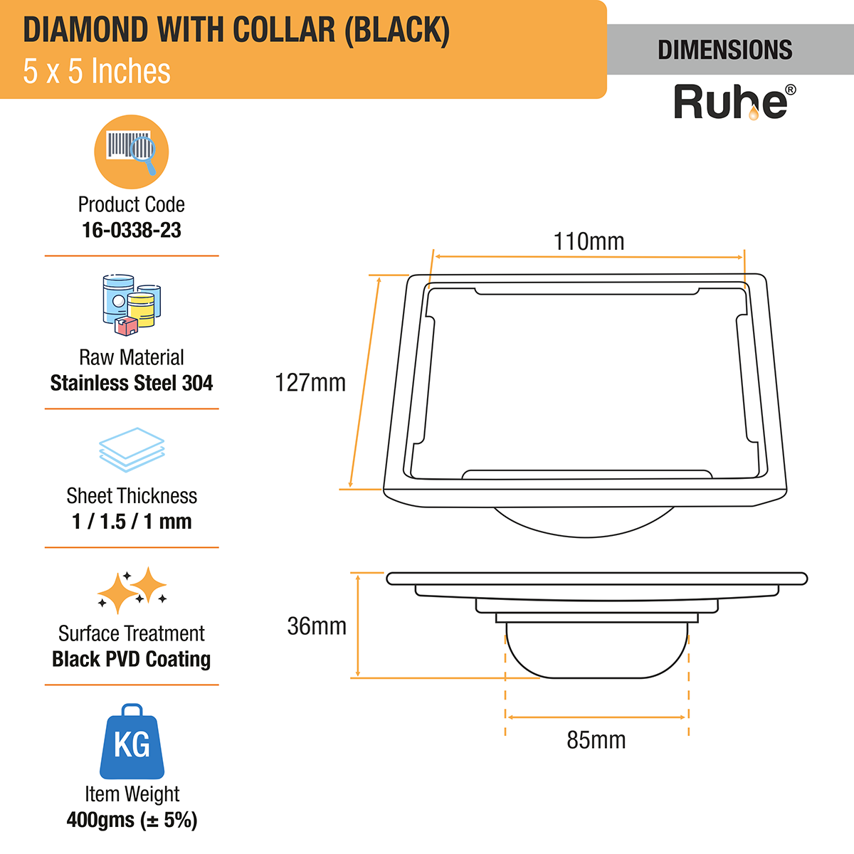 Diamond Square 304-Grade Floor Drain in Black PVD Coating (5 x 5 Inches) - by Ruhe