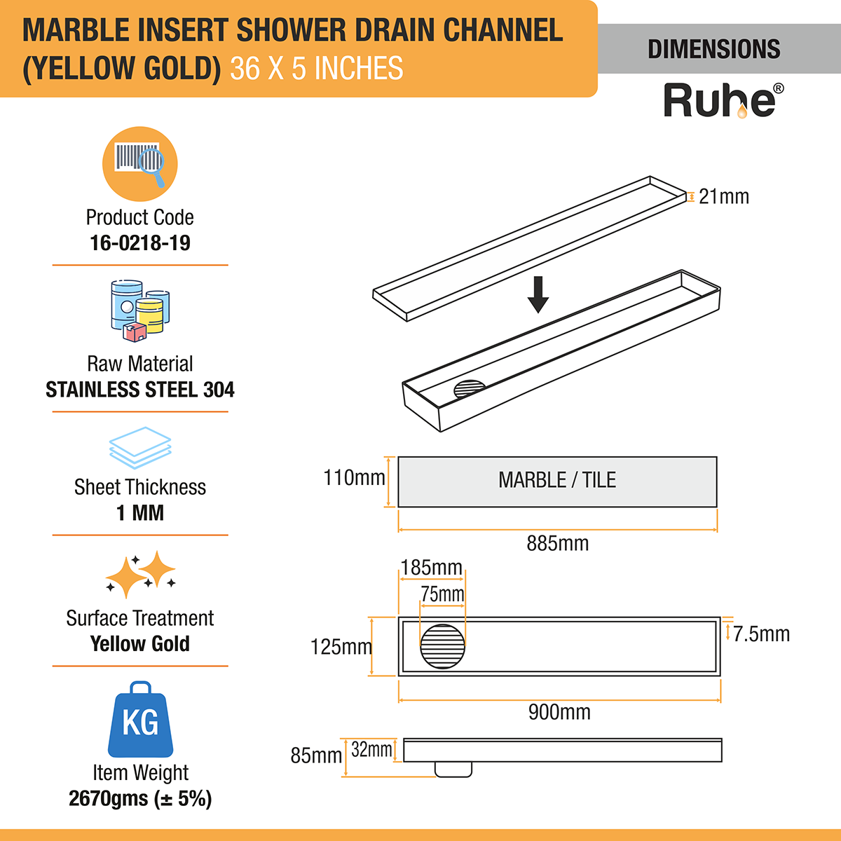 Marble Insert Shower Drain Channel (36 x 5 Inches) YELLOW GOLD PVD Coated dimensions and sizes