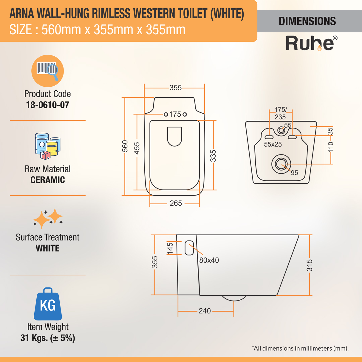 Arna Western Toilet / Commode (White) (Wall-hung EWC) - by Ruhe