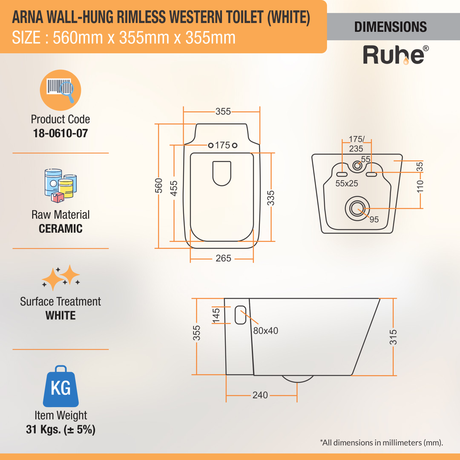 Arna Western Toilet / Commode (White) (Wall-hung EWC) - by Ruhe