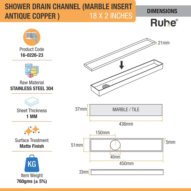 Marble Insert Shower Drain Channel (18 x 2 Inches) Antique Copper PVD Coated - by Ruhe