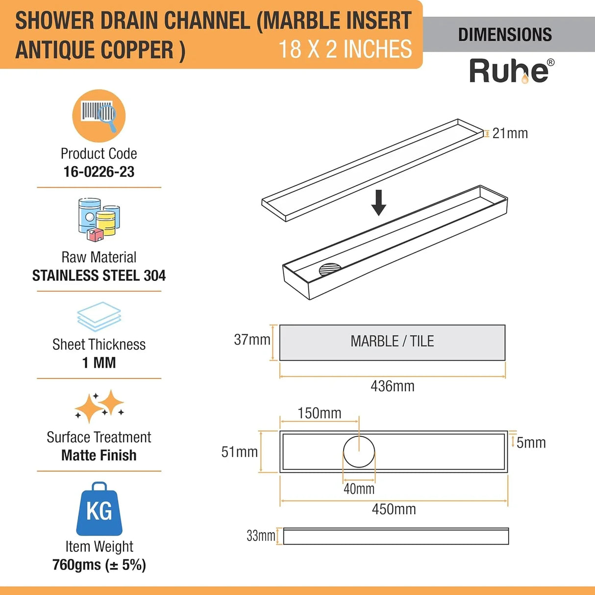 Marble-Insert Shower Drain Channel (2 Inches)