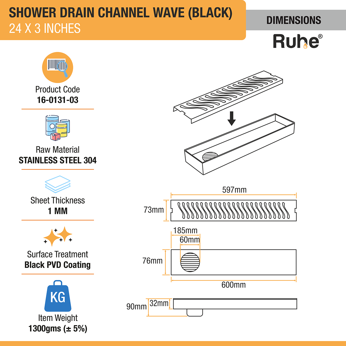 Wave Shower Drain Channel (24 x 3 Inches) Black PVD Coated - by Ruhe®