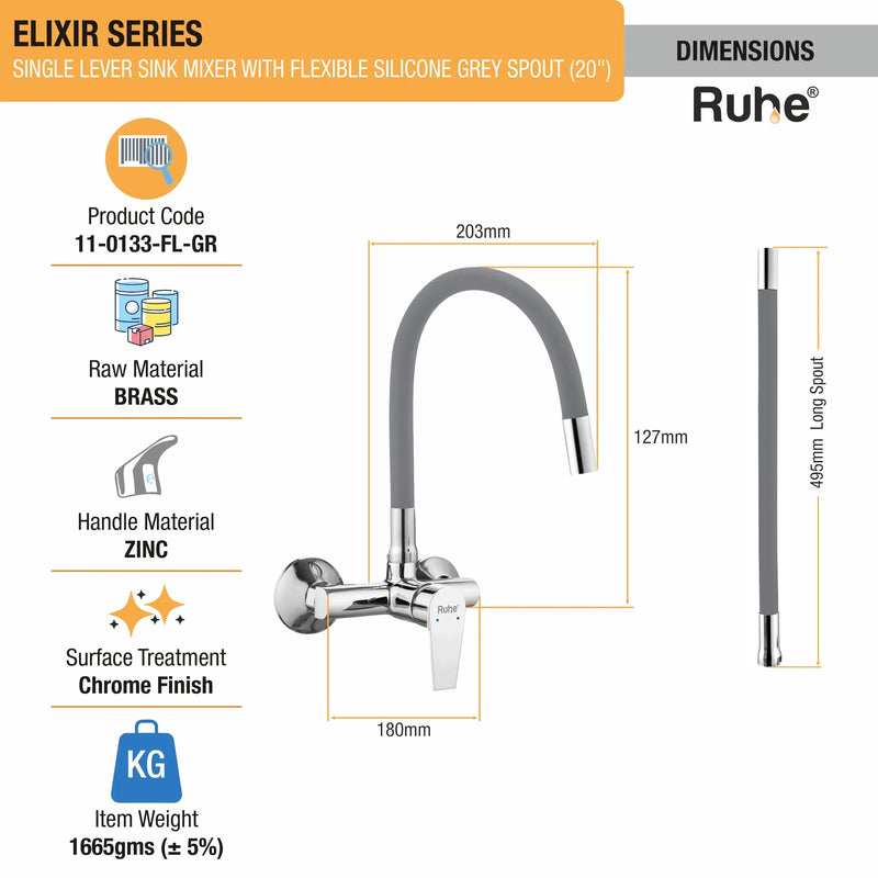 Elixir Single Lever Wall-mount Kitchen Sink Mixer Tap with Coloured Silicone Spout