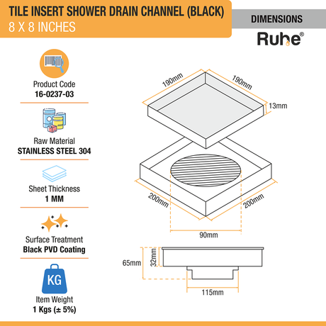 Tile Insert Shower Drain Channel (8 x 8 Inches) Black PVD Coated dimensions and sizes