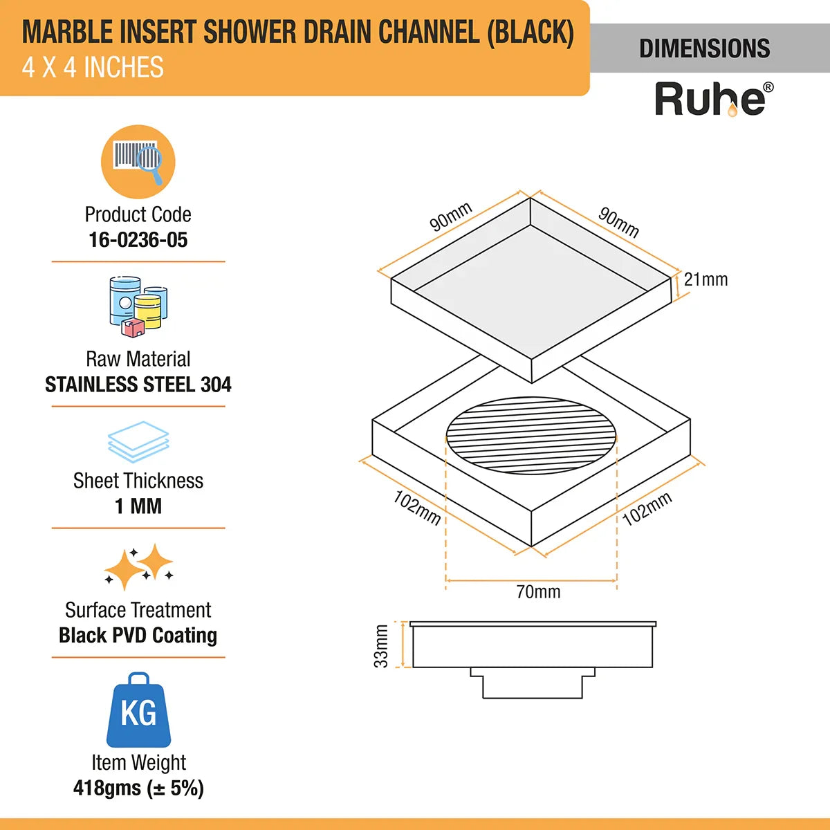 Marble-Insert Shower Drain Channel (4 x 4 Inches)