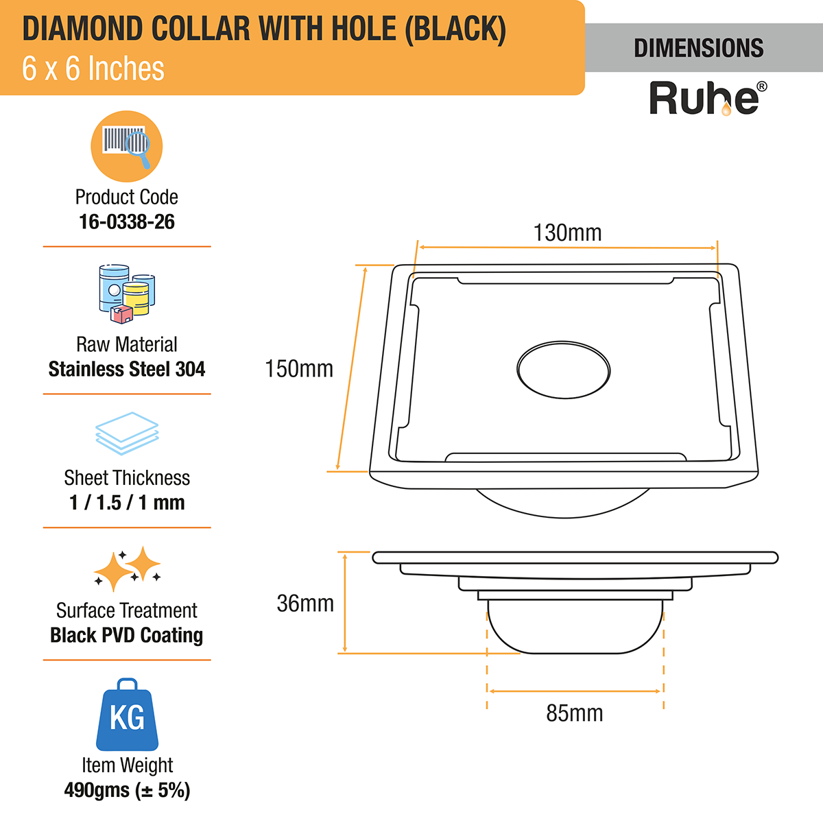 Diamond Square 304-Grade Floor Drain in Black PVD Coating (6 x 6 Inches) with Hole - by Ruhe®