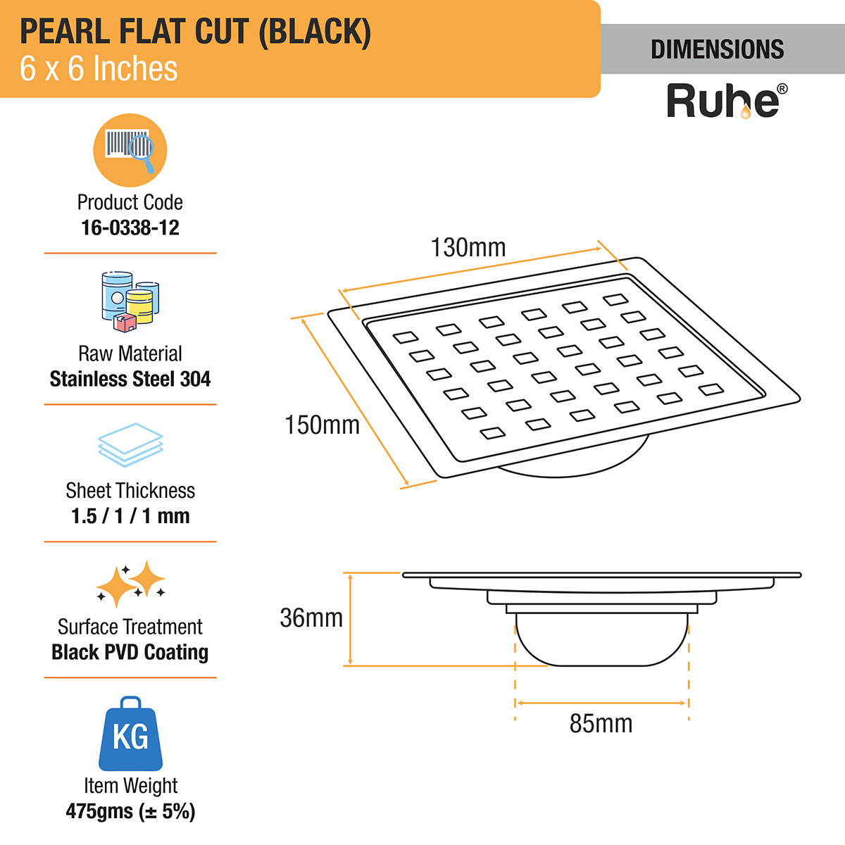 Pearl Square Flat Cut Floor Drain in Black PVD Coating (6 x 6 Inches) - by Ruhe