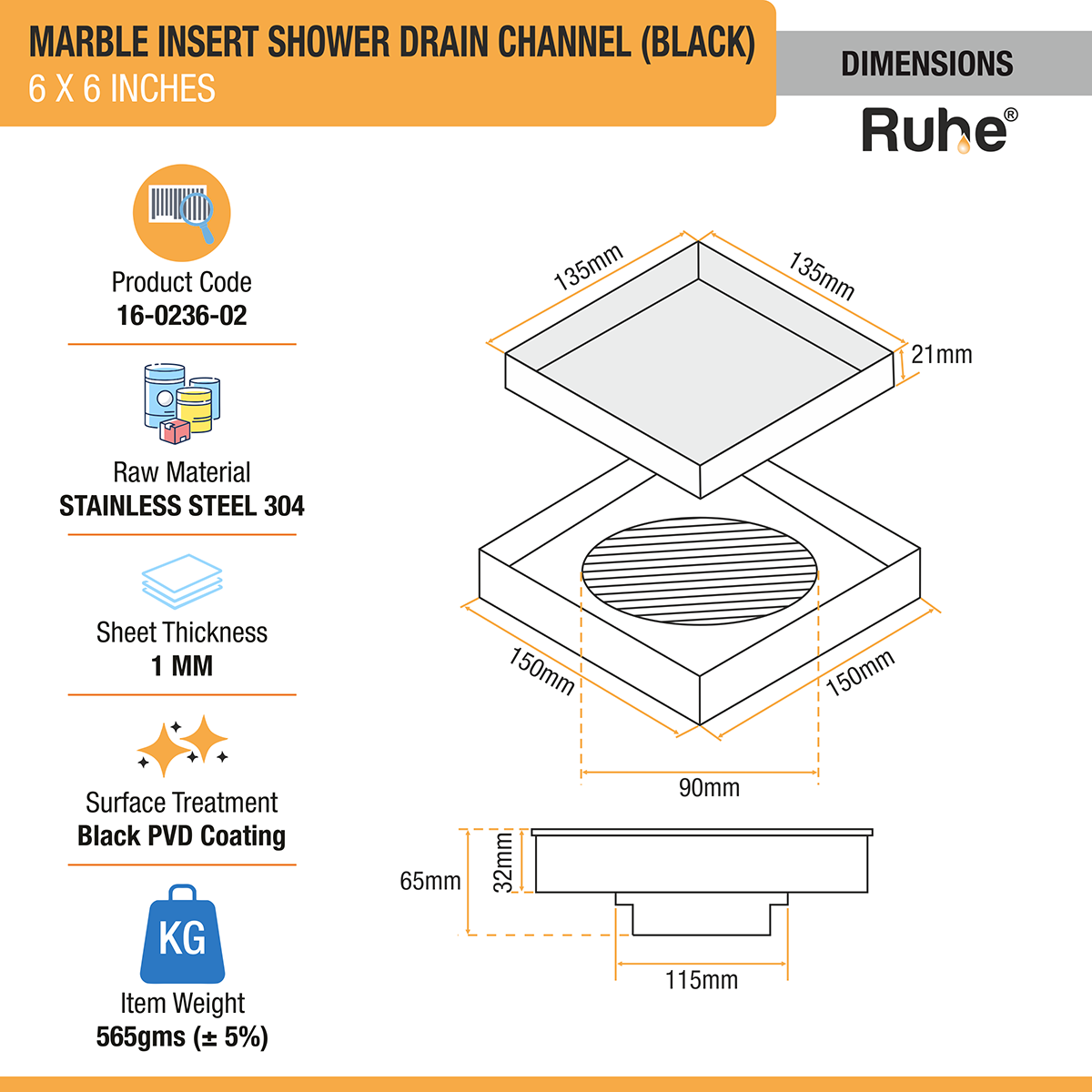 Marble Insert Shower Drain Channel (6 x 6 Inches) Black PVD Coated - by Ruhe®