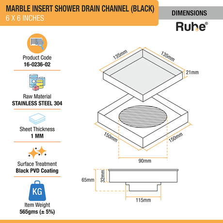 Marble Insert Shower Drain Channel (6 x 6 Inches) Black PVD Coated dimensions and sizes