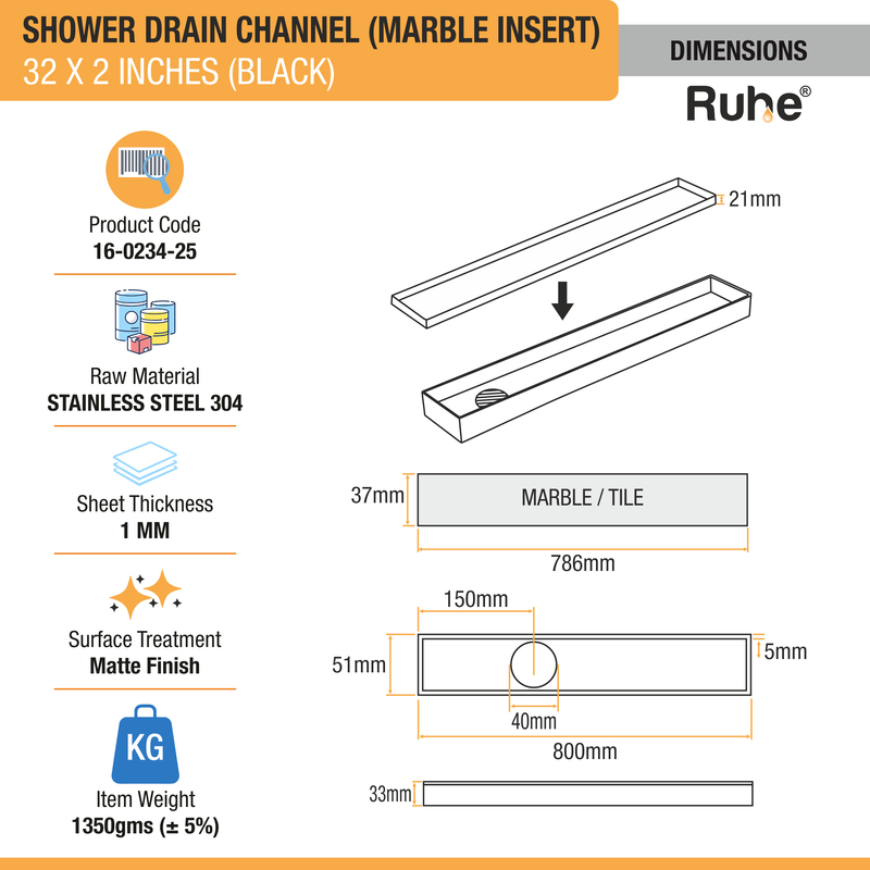Marble-Insert Shower Drain Channel (2 Inches)