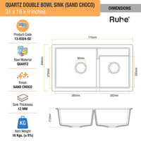 Quartz Double Bowl Kitchen Sink (31 x 18 x 9 Inches)