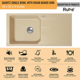 Quartz Single Bowl with Drainboard Kitchen Sink - Sand Choco (39 x 20 x 9 inches) - by Ruhe®