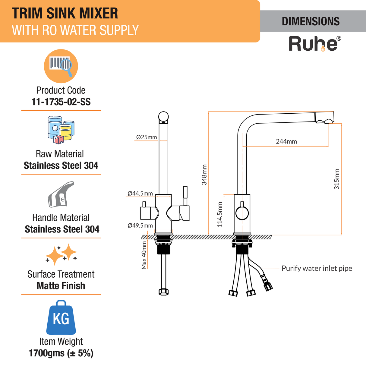 Trim Single Lever Table Mount Sink Mixer Faucet with  RO Water Supply (Silver) 304-Grade SS - by Ruhe