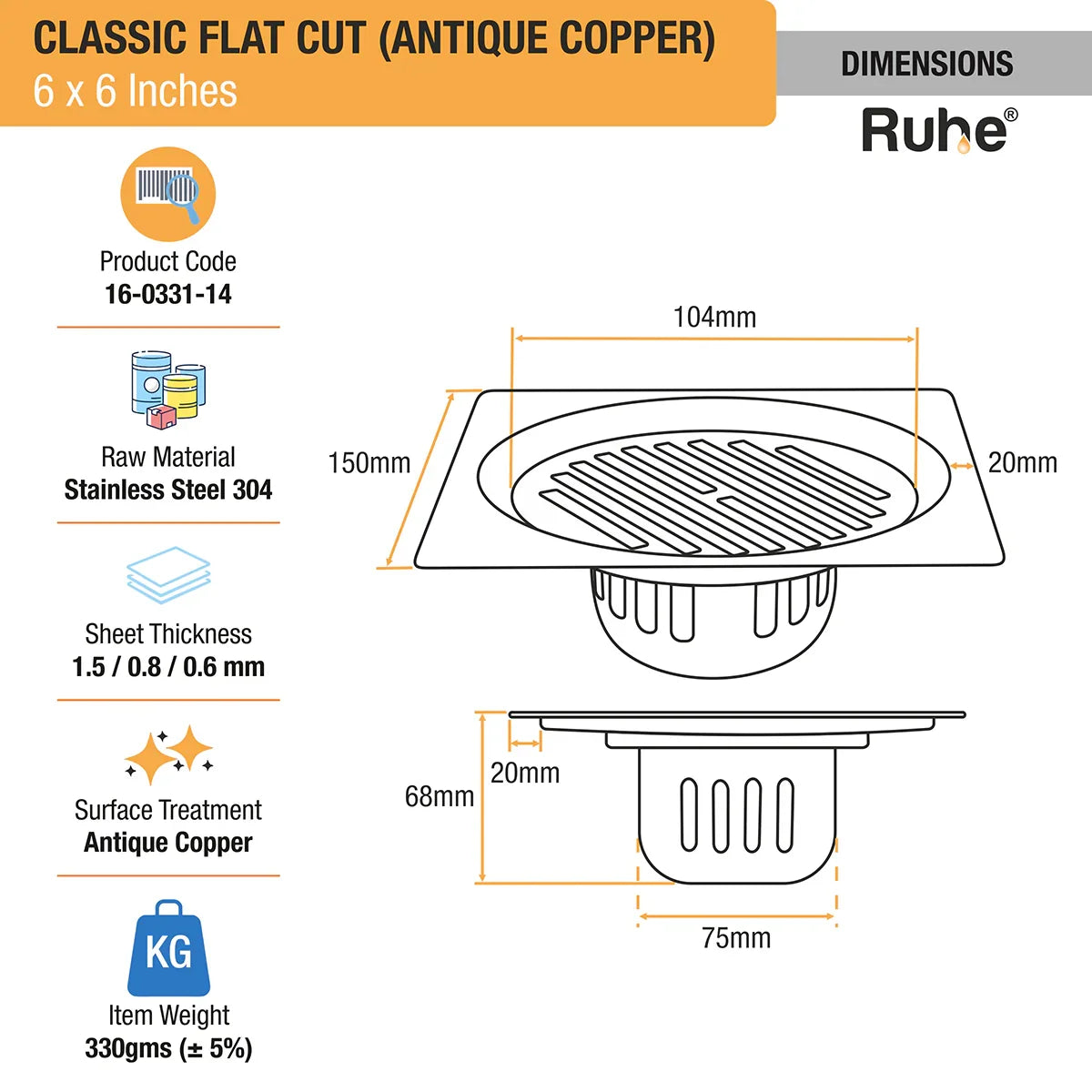 Classic Square Flat Cut Floor Drain in Antique Copper PVD Coating (6 x 6 Inches) - by Ruhe