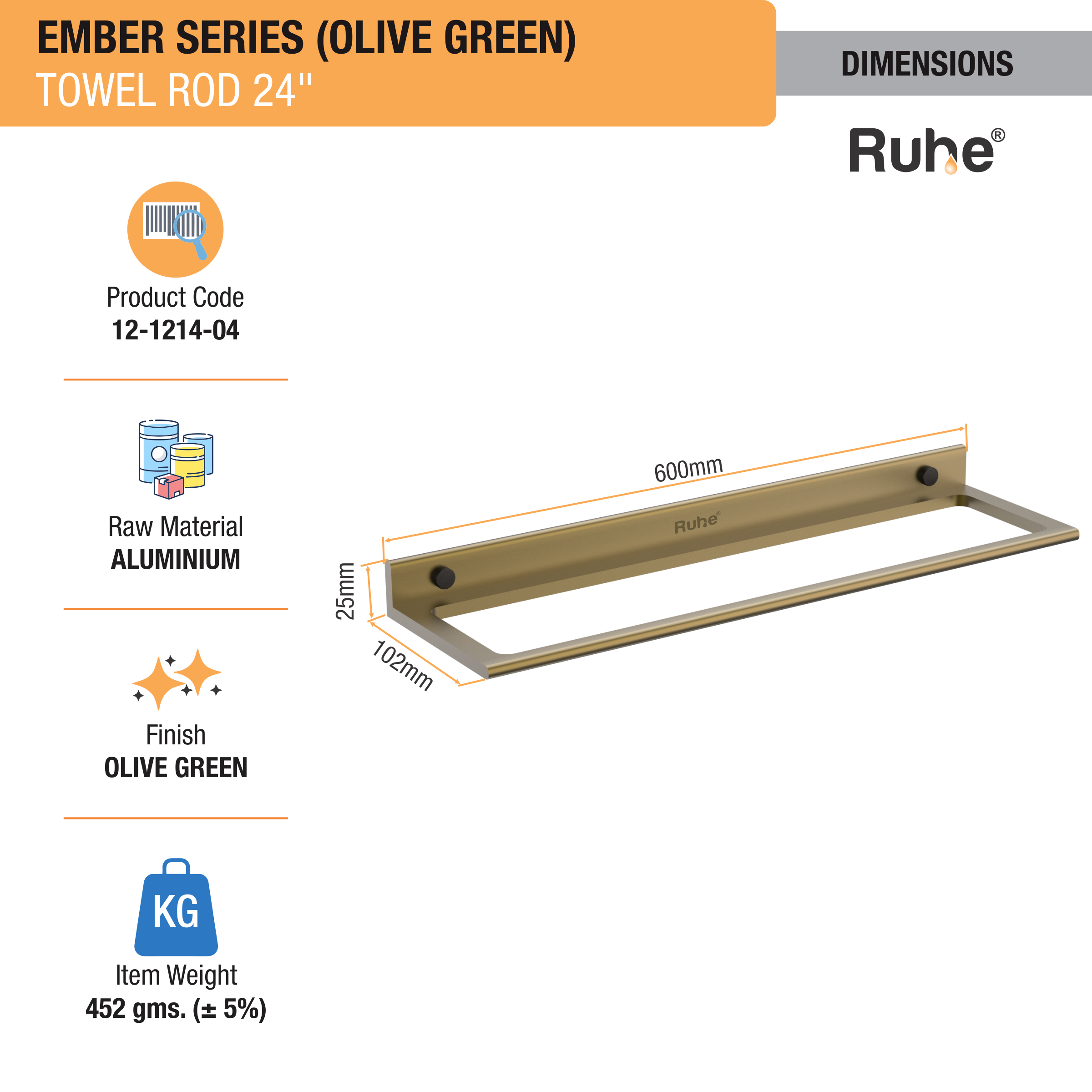 Ember Olive Green Towel Rod (Space Aluminium) dimensions and sizes
