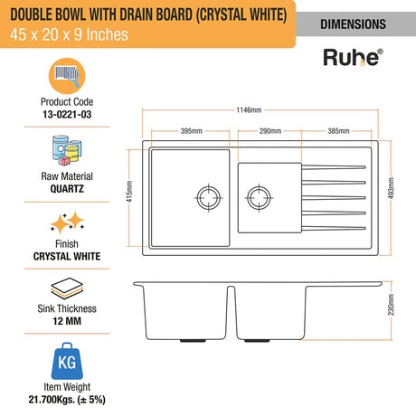 Quartz Double Bowl with Drainboard Kitchen Sink - Crystal White (45 x 20 x 9 inches) - by Ruhe®