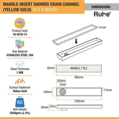 Marble Insert Shower Drain Channel (40 x 4 Inches) YELLOW GOLD PVD Coated dimensions and sizes