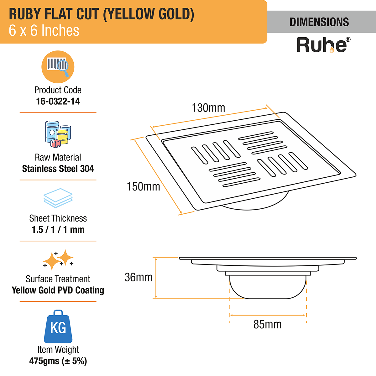 Ruby Square Flat Cut Floor Drain in Yellow Gold PVD Coating (6 x 6 Inches) dimensions and sizes