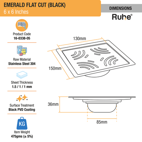 Emerald Square Flat Cut Floor Drain in Black PVD Coating (6 x 6 Inches) - by Ruhe