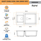 Quartz Double Bowl Kitchen Sink - Smoke Grey (34 x 20 x 9 inches) - by Ruhe®