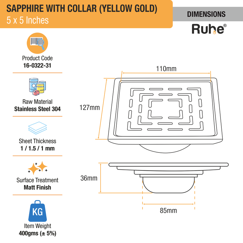 Sapphire Floor Drain With Collar