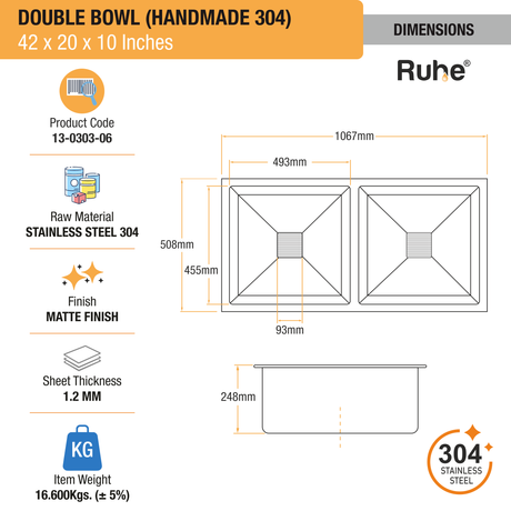 Handmade Double Bowl 304-Grade (42 x 20 x 10 Inches) Kitchen Sink - by Ruhe®