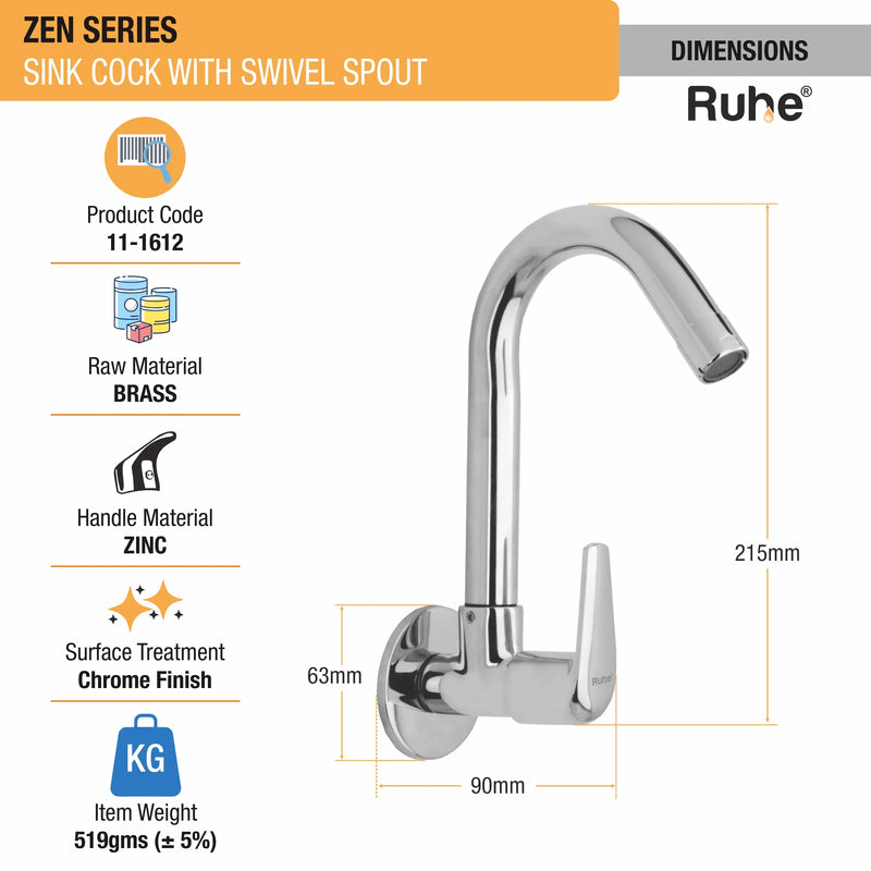 Zen Wall Mount Kitchen Sink Tap with Swivel Spout