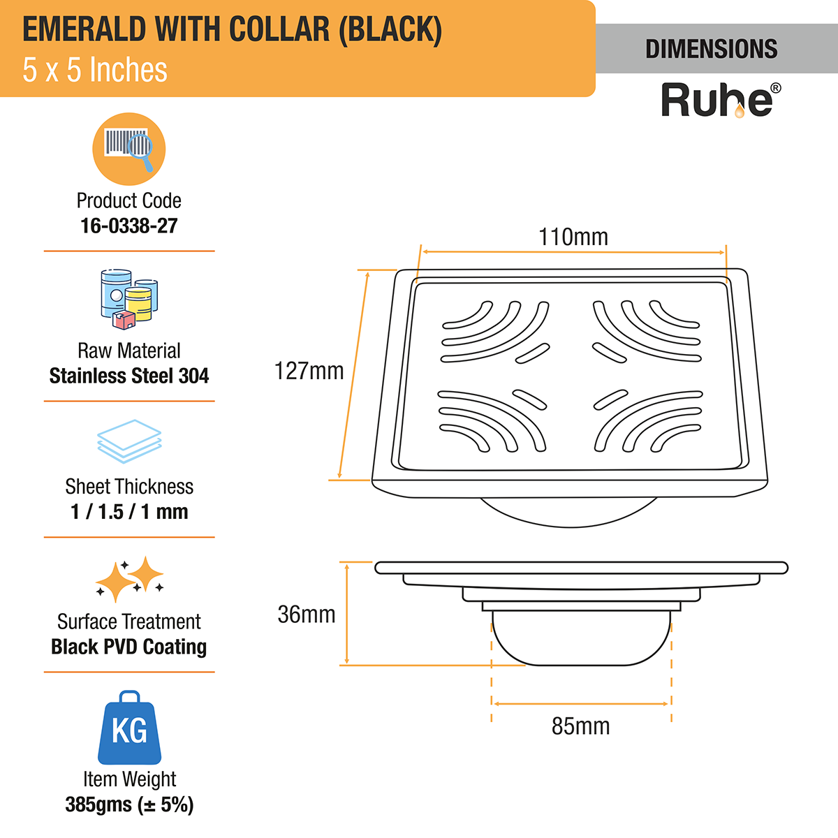 Emerald Square 304-Grade Floor Drain in Black PVD Coating (5 x 5 Inches) - by Ruhe®