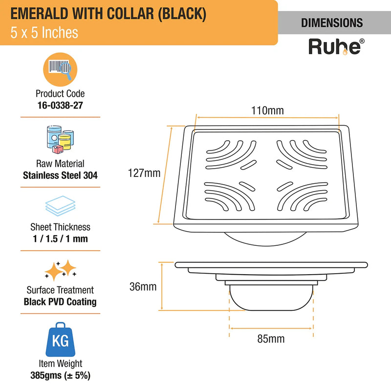 Emerald Square 304-Grade Floor Drain in Black PVD Coating (5 x 5 Inches) - by Ruhe