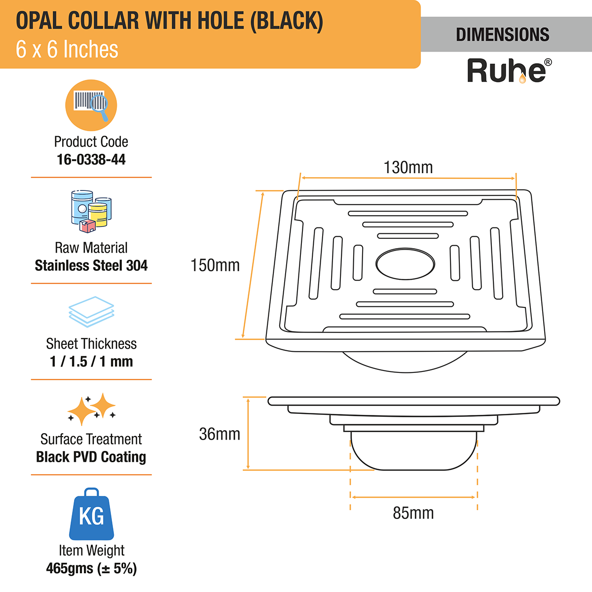 Opal Square 304-Grade Floor Drain in Black PVD Coating (6 x 6 Inches) with Hole - by Ruhe