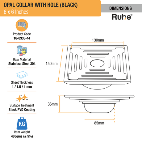 Opal Square 304-Grade Floor Drain in Black PVD Coating (6 x 6 Inches) with Hole dimensions and sizes