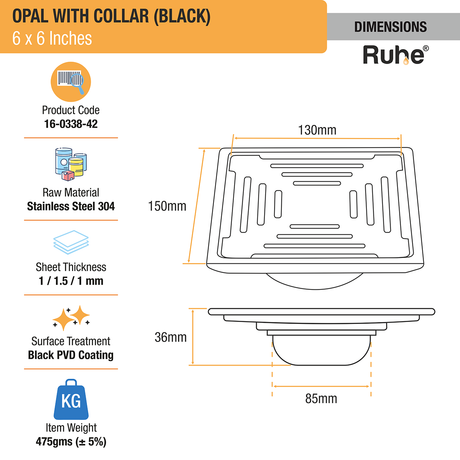 Opal Square 304-Grade Floor Drain in Black PVD Coating (6 x 6 Inches) dimensions and sizes