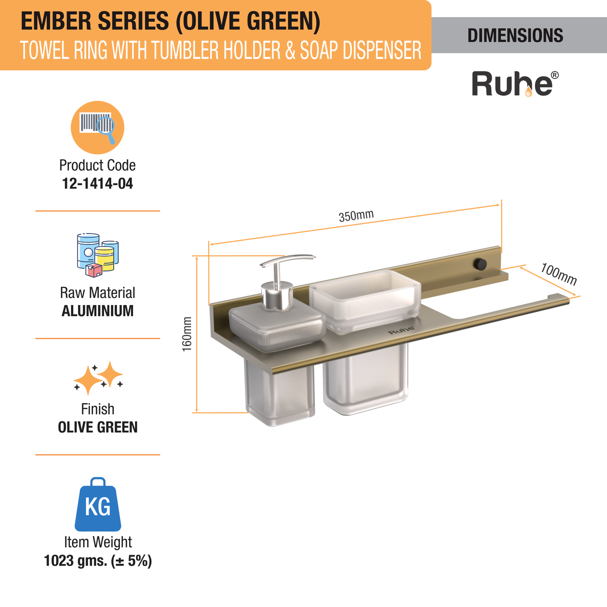 Ember Olive Green Towel Ring with Tumbler Holder & Soap Dispenser (Space Aluminium) - by Ruhe®