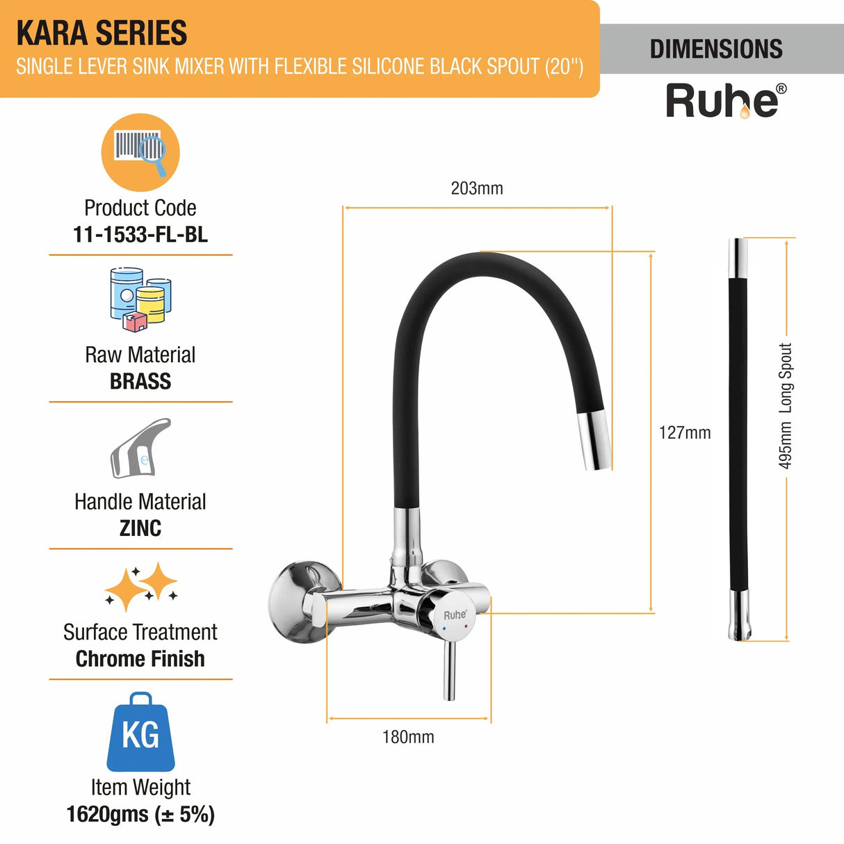 Kara Single Lever Wall-mount Kitchen Sink Mixer Tap with Coloured Silicone Spout