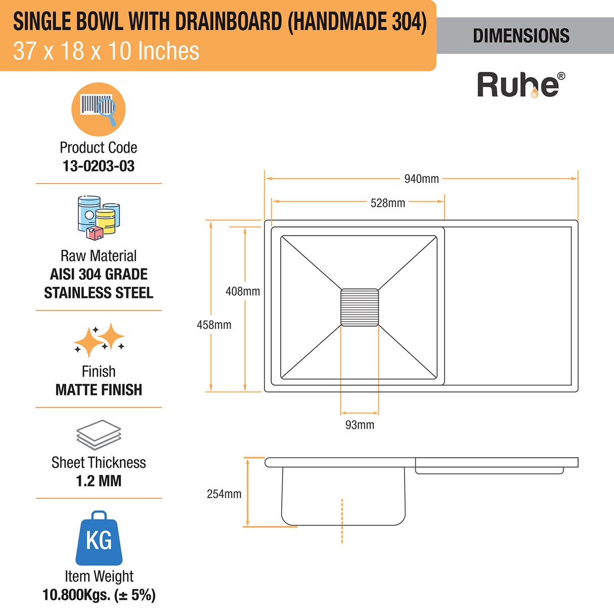 Handmade Single Bowl with Drainboard 304-Grade Kitchen Sink (37 x 18 x 10 Inches) - by Ruhe