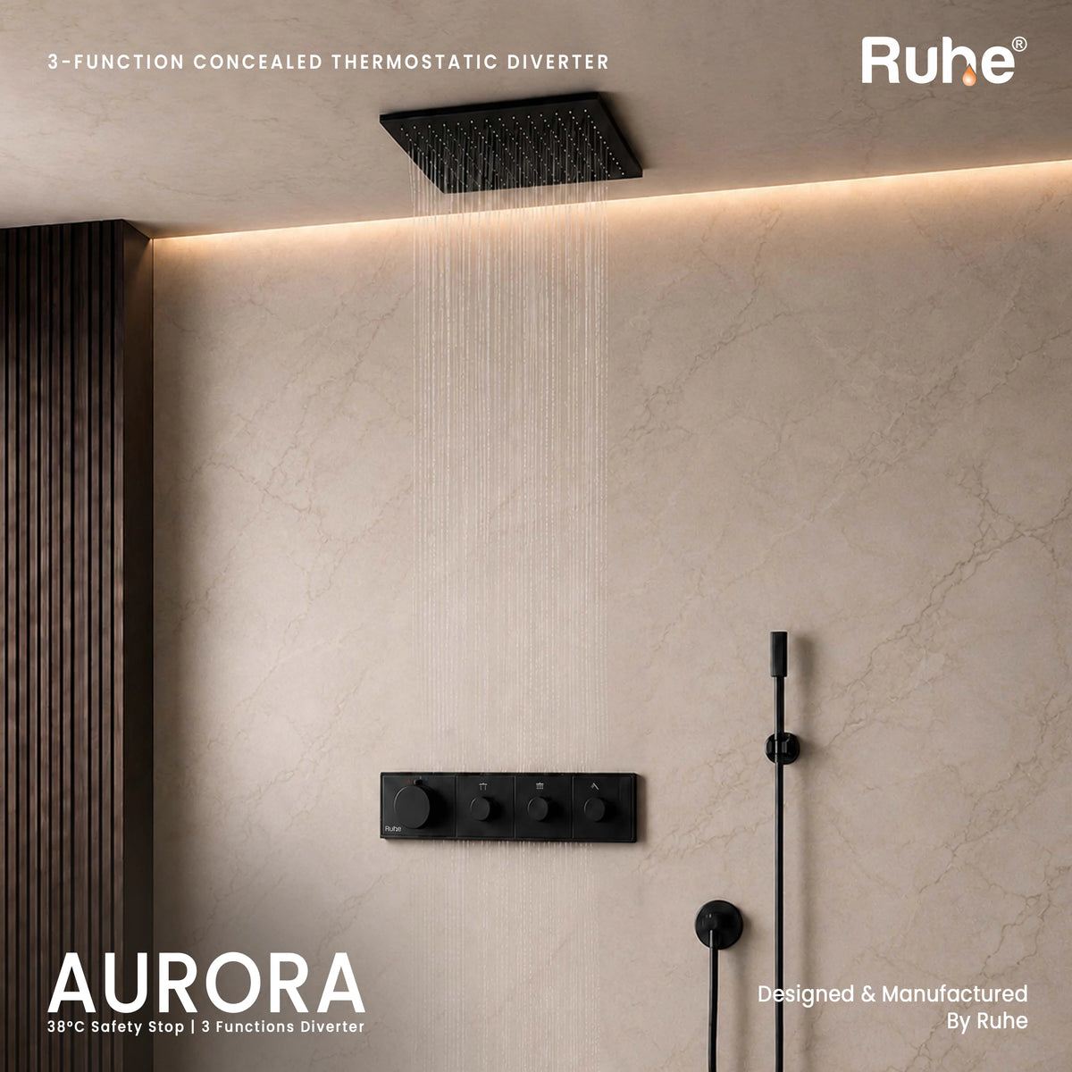 Aurora 3-Function Brass Concealed Thermostatic Diverter – Matt Black