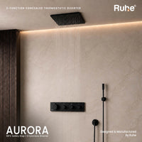 Aurora 3-Function thermostatic diverter on a tiled shower wall with the rain shower running