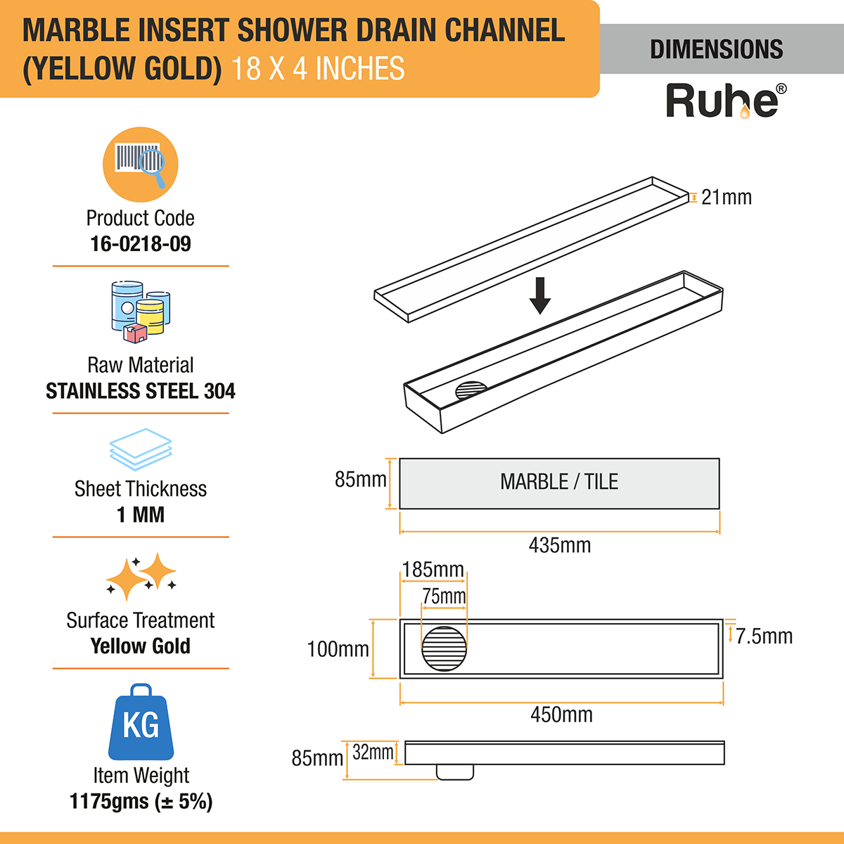 Marble Insert Shower Drain Channel (18 x 4 Inches) YELLOW GOLD PVD Coated - by Ruhe®