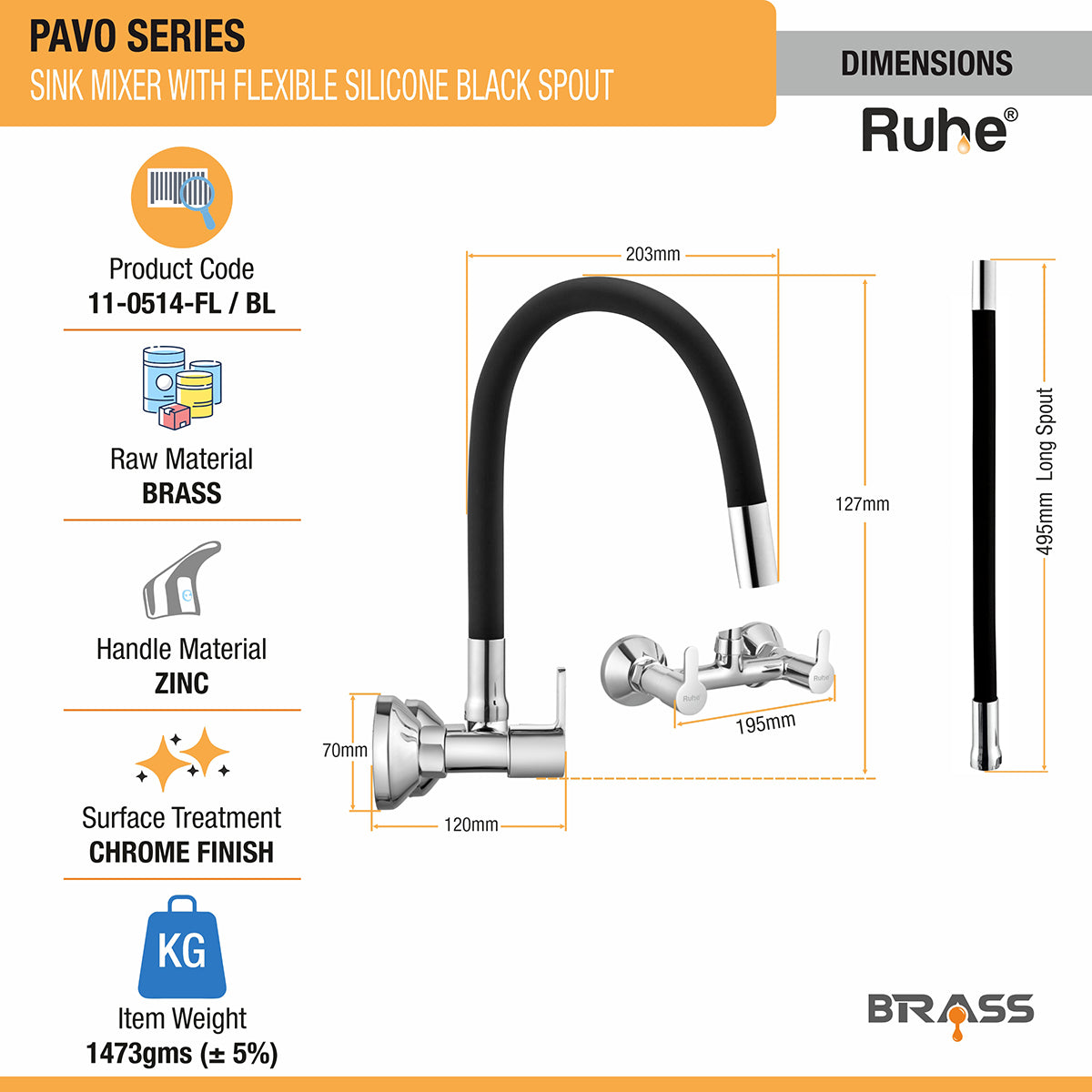 Pavo Sink Mixer Brass Faucet with Flexible Silicone Black Spout dimensions and sizes