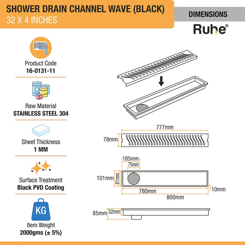 Wave Shower Drain Channel (32 x 4 Inches) Black PVD Coated - by Ruhe