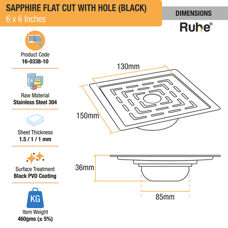 Sapphire Square Flat Cut Floor Drain in Black PVD Coating (6 x 6 Inches) with Hole - by Ruhe