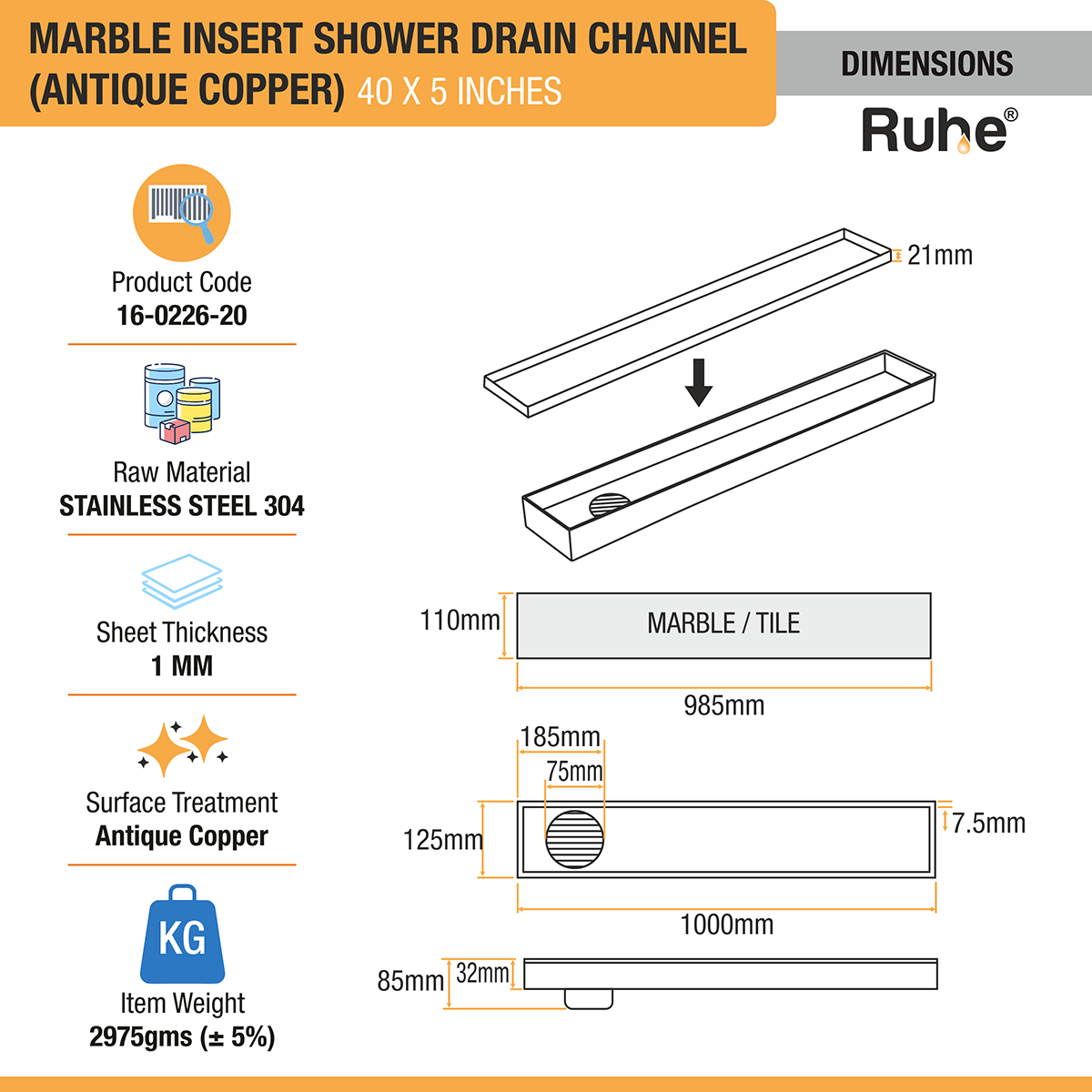 Marble Insert Shower Drain Channel (40 x 5 Inches) ROSE GOLD PVD Coated - by Ruhe®