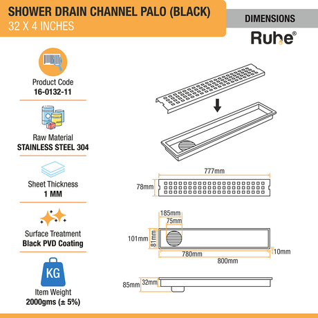 Palo Shower Drain Channel (32 x 4 Inches) Black PVD Coated dimensions and sizes