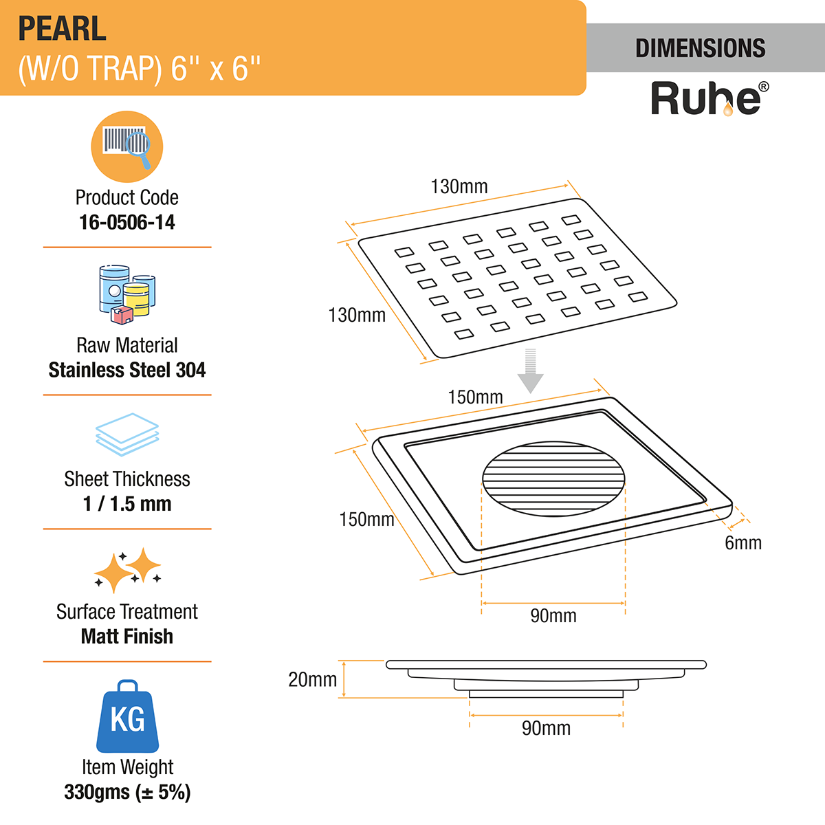 Pearl Square 304-Grade Floor Drain (6 x 6 Inches) - by Ruhe