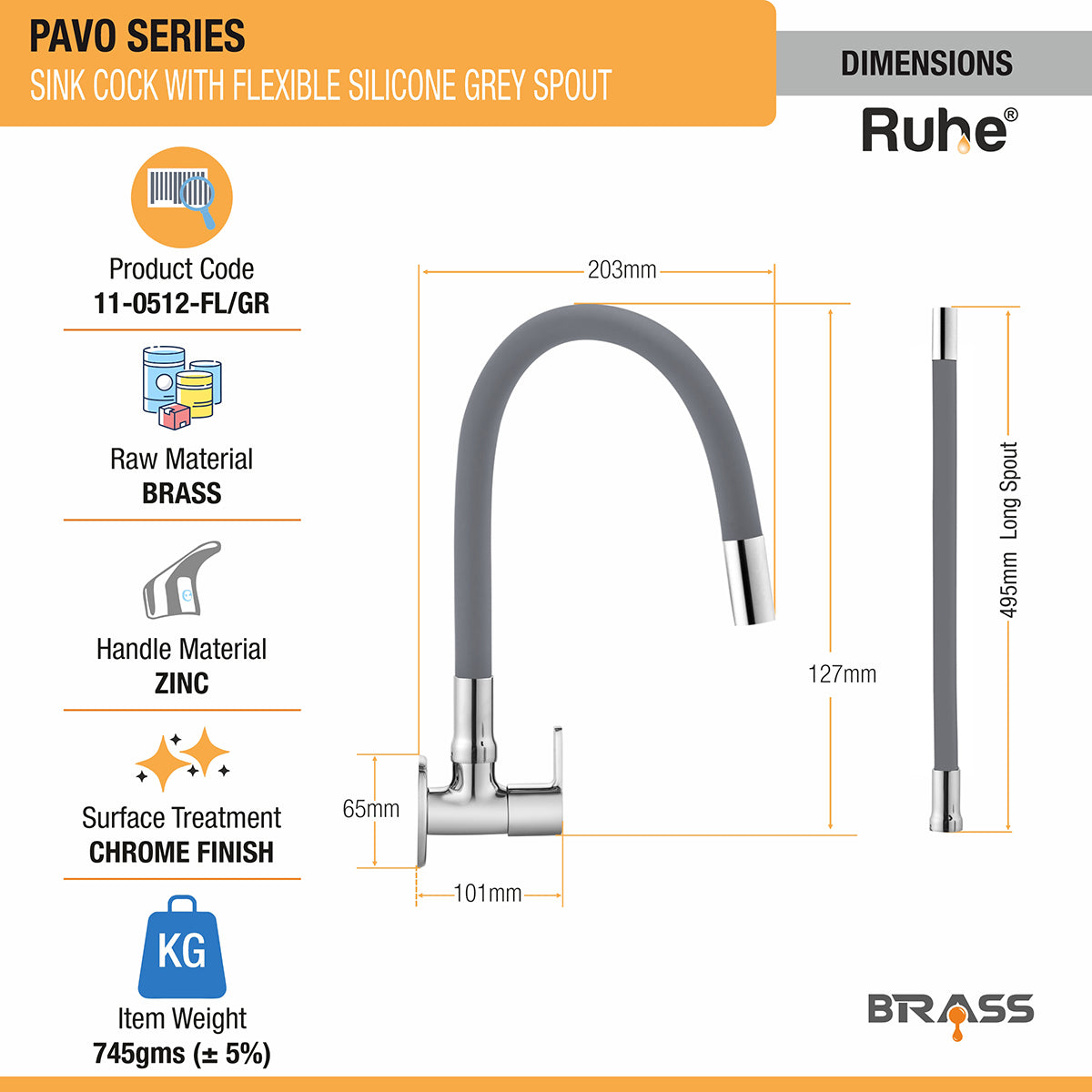 Pavo Brass Sink Tap with Silicone Grey Flexible Spout dimensions and sizes