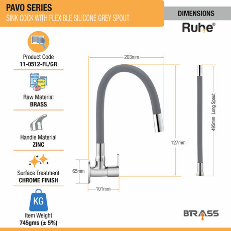 Pavo Brass Sink Tap with Silicone Grey Flexible Spout dimensions and sizes