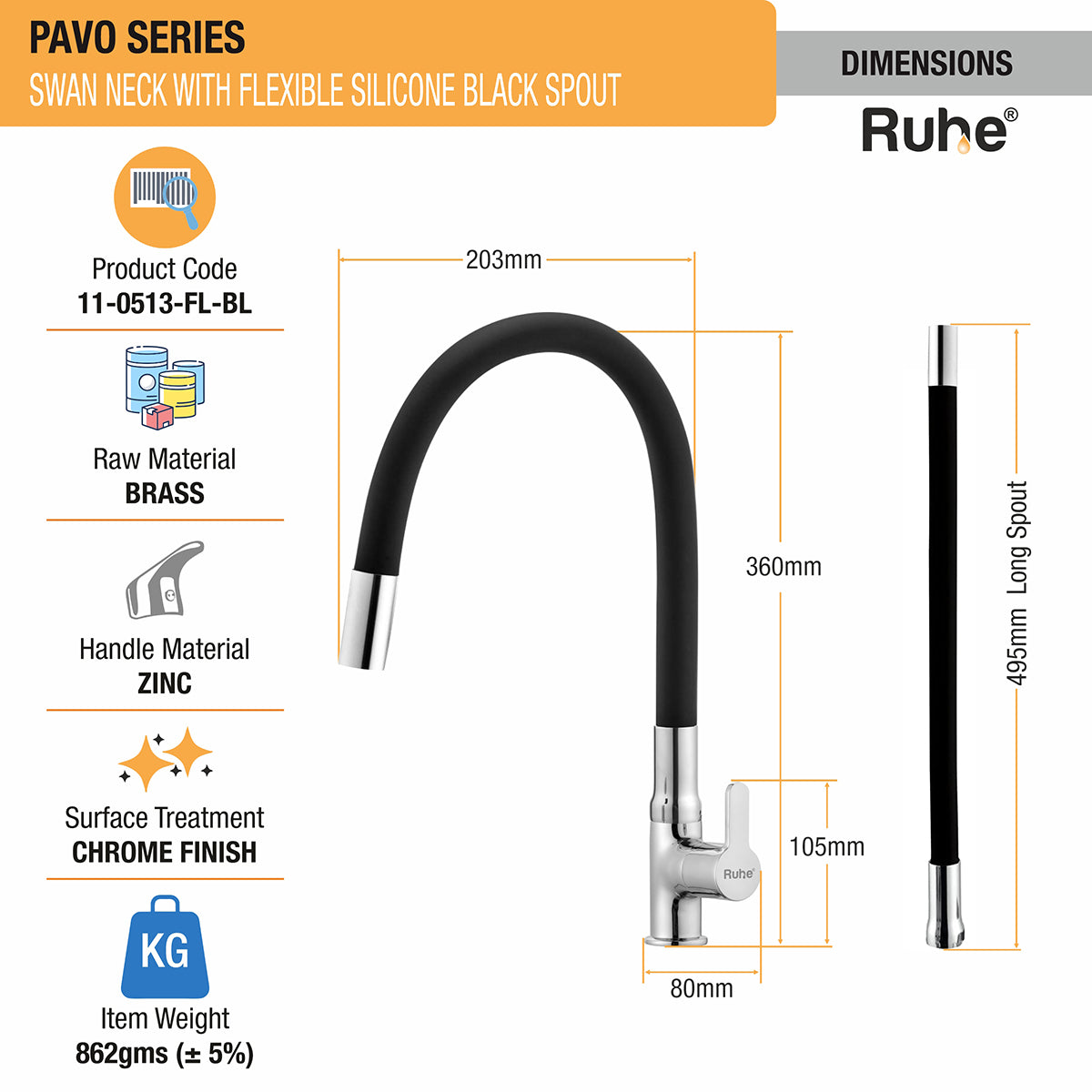 Pavo Swan Neck Brass Faucet with Silicone Black Flexible Spout dimensions and sizes