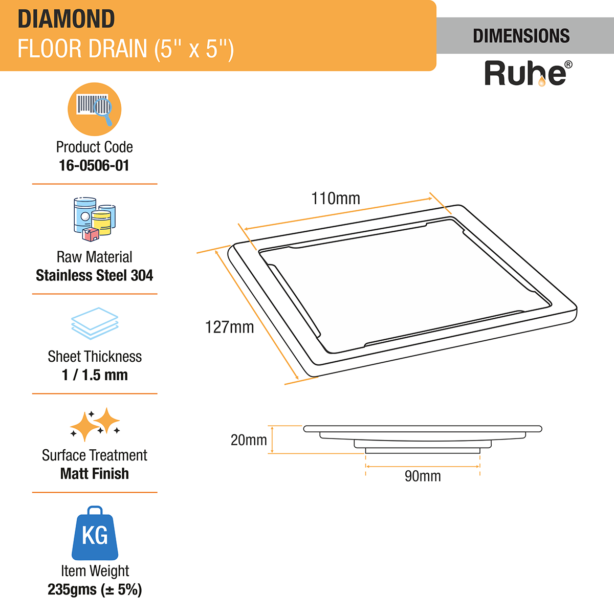 Diamond Square 304-Grade Floor Drain (5 x 5 Inches) - by Ruhe