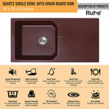 Quartz Single Bowl with Drainboard Kitchen Sink - Choco Brown (39 x 20 x 9 inches) - by Ruhe